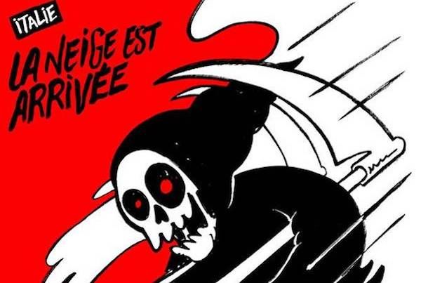 Hotel Rigopiano, la morte in sci: Charlie Hebdo ironizza sulla slavina