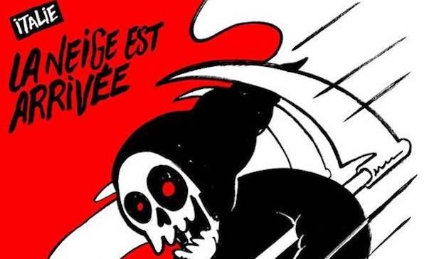 Hotel Rigopiano, la morte in sci: Charlie Hebdo ironizza sulla slavina