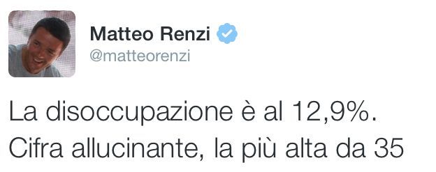 Renzi commenta su Twitter i dati allarmanti sulla disoccupazione: 