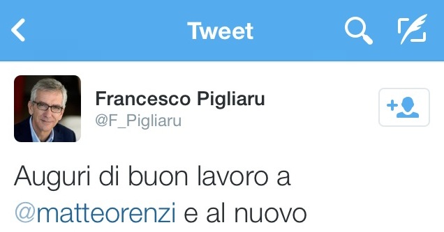 Su Twitter il neo presidente della Regione Pigliaru fa gli auguri a Renzi