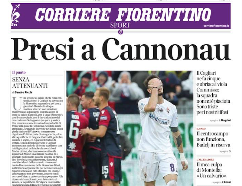 Cagliari-Fiorentina. Il titolo del Corriere Fiorentino: 