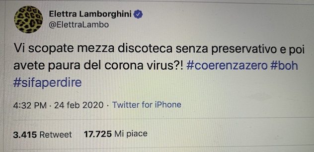 Elettra Lamborghini: “Vi sco**te” mezza discoteca senza preservativo e poi avete paura del Coronavirus?”