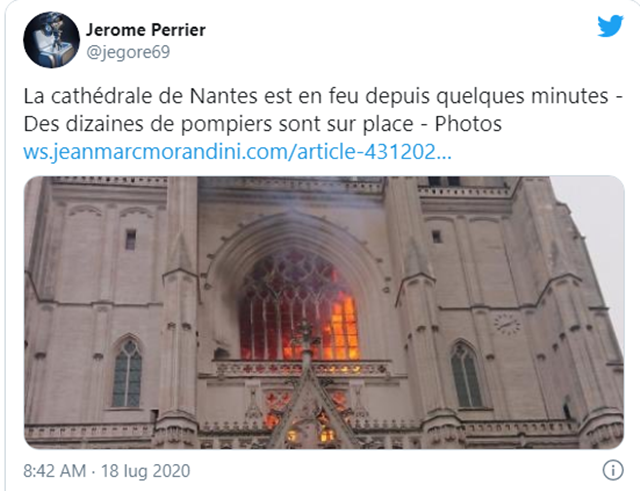 Incendio nella cattedrale di Nantes: Vigili del Fuoco sul posto