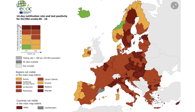 Covid, nuova mappa Ue: rosso scuro per 5 regioni italiane