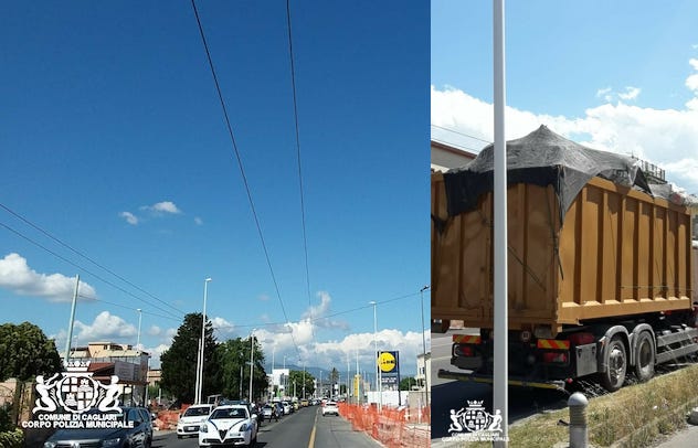 Cagliari. Carico sporgente in altezza: camion danneggia i cavi del filobus