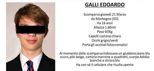 Ritrovato Edoardo Galli: il 16enne era scomparso da oltre una settimana