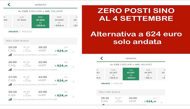 Pili, scandalo Alitalia: “Zero posti sino al 4 settembre, alternativa 624 euro solo andata”