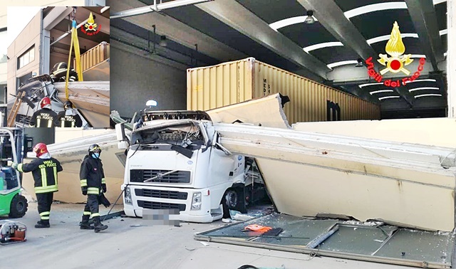 Trave in cemento armato cade sulla cabina di un camion: paura per il conducente
