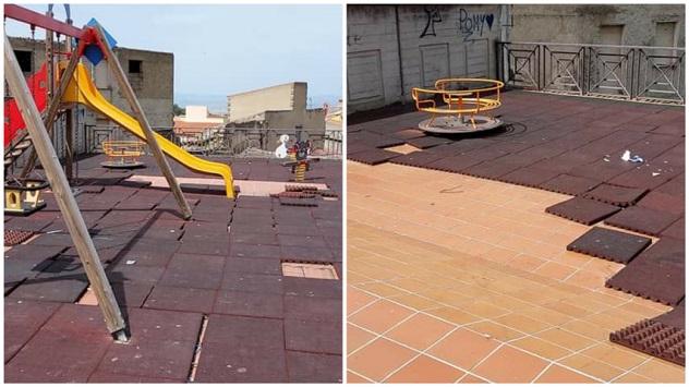 La pavimentazione del parco giochi distrutta dai vandali a Sarule