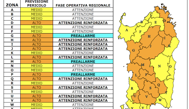 Sardegna. Avviso di previsione pericolo incendi per lunedì 26 luglio